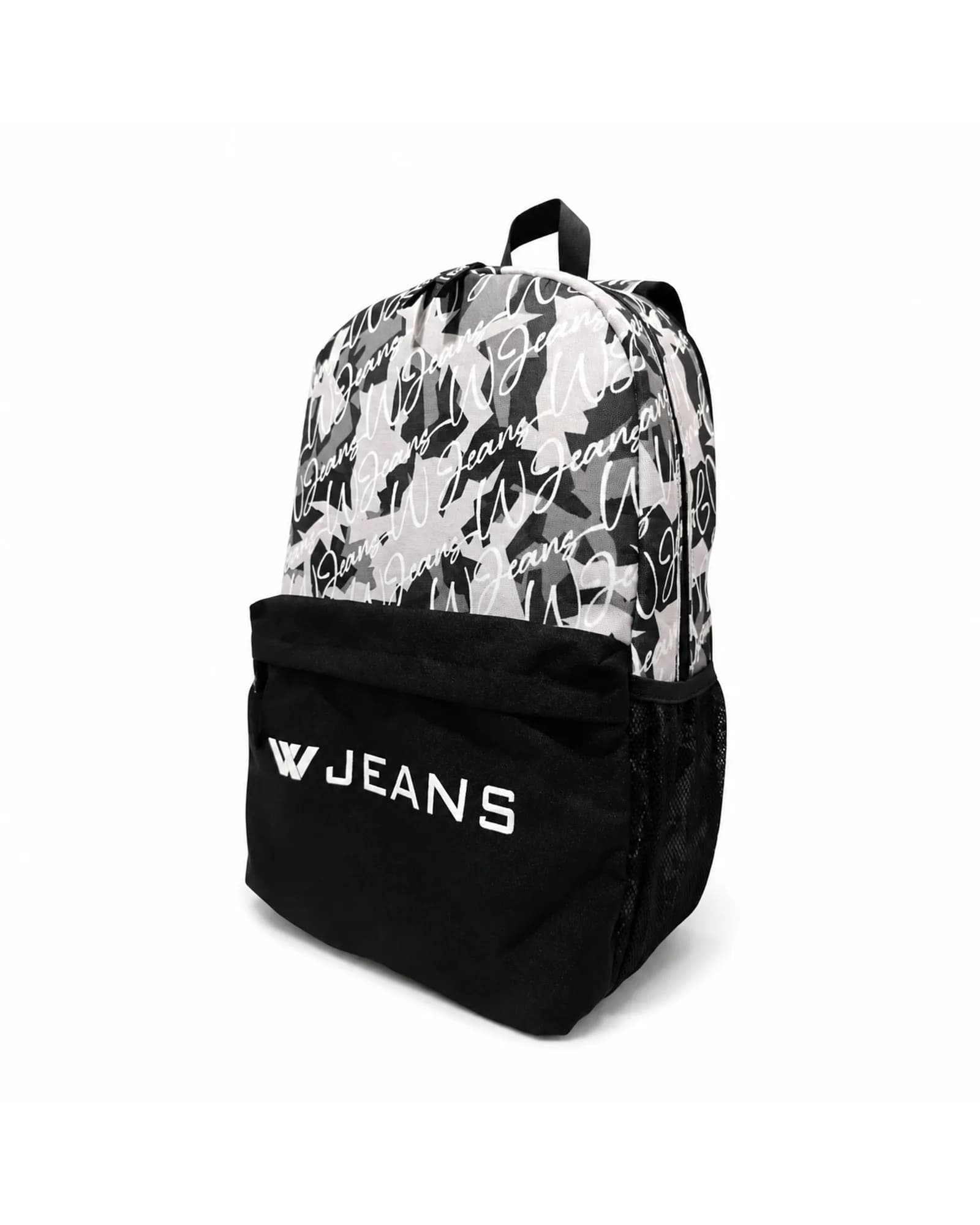 W JEANS Camo Script Backpack – Black/White — ابيض